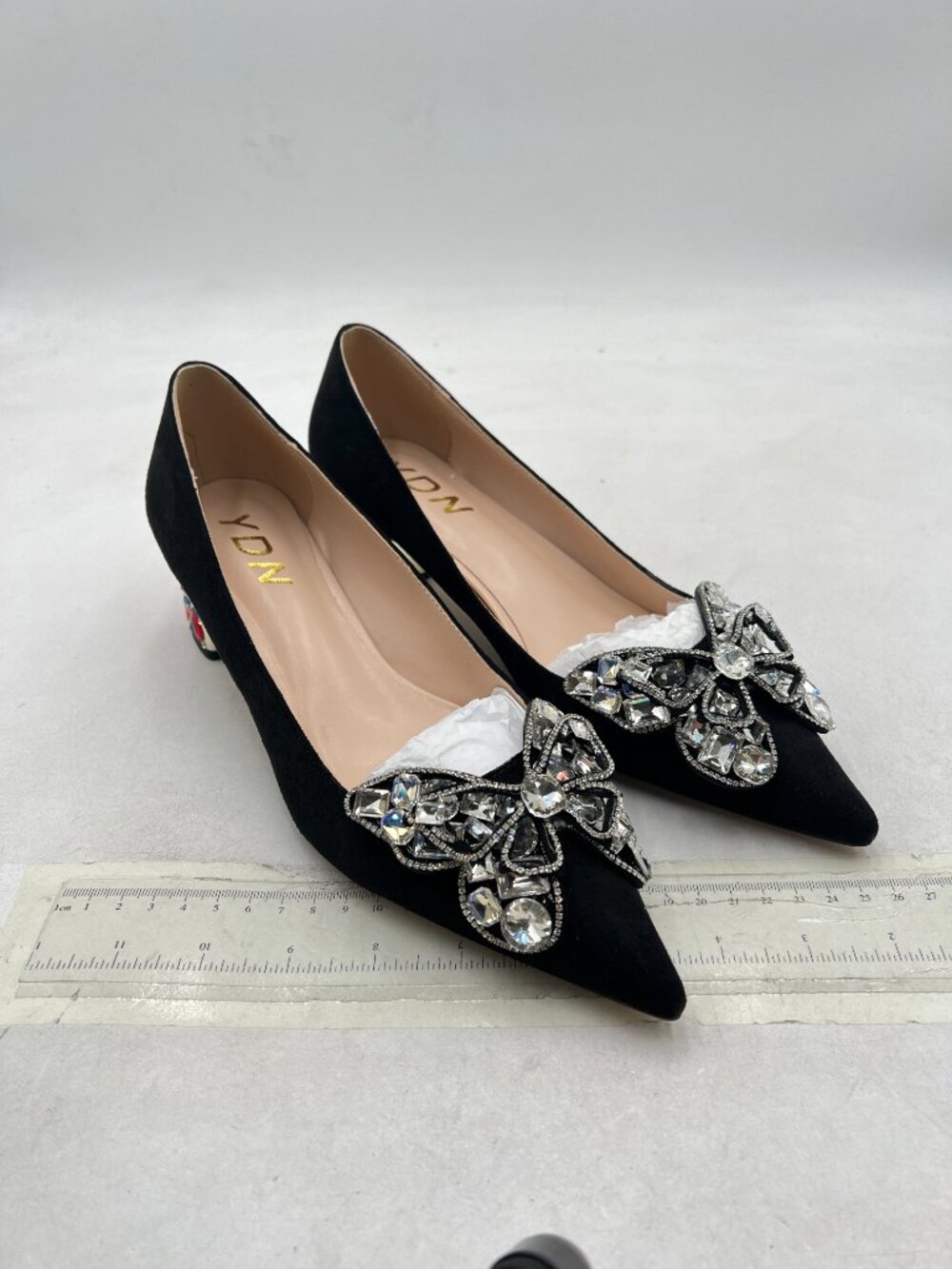 YDN Black Suede Butterfly Pointed Toe Bow Pumps Block Low Heel Dance Shoes - Picture 4 of 8